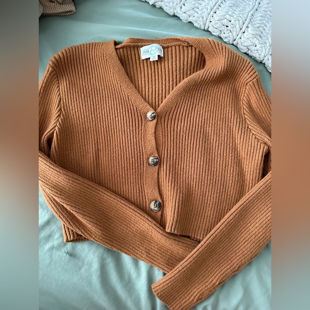 francesca’s burnt orange cartigan